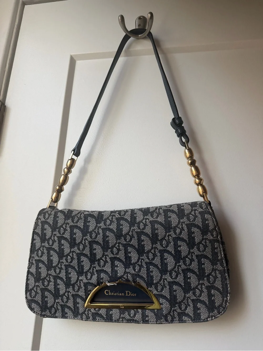 Dior Navy and Beige Logo Jacquard Crossbody Bag with Gold-Tone Accent